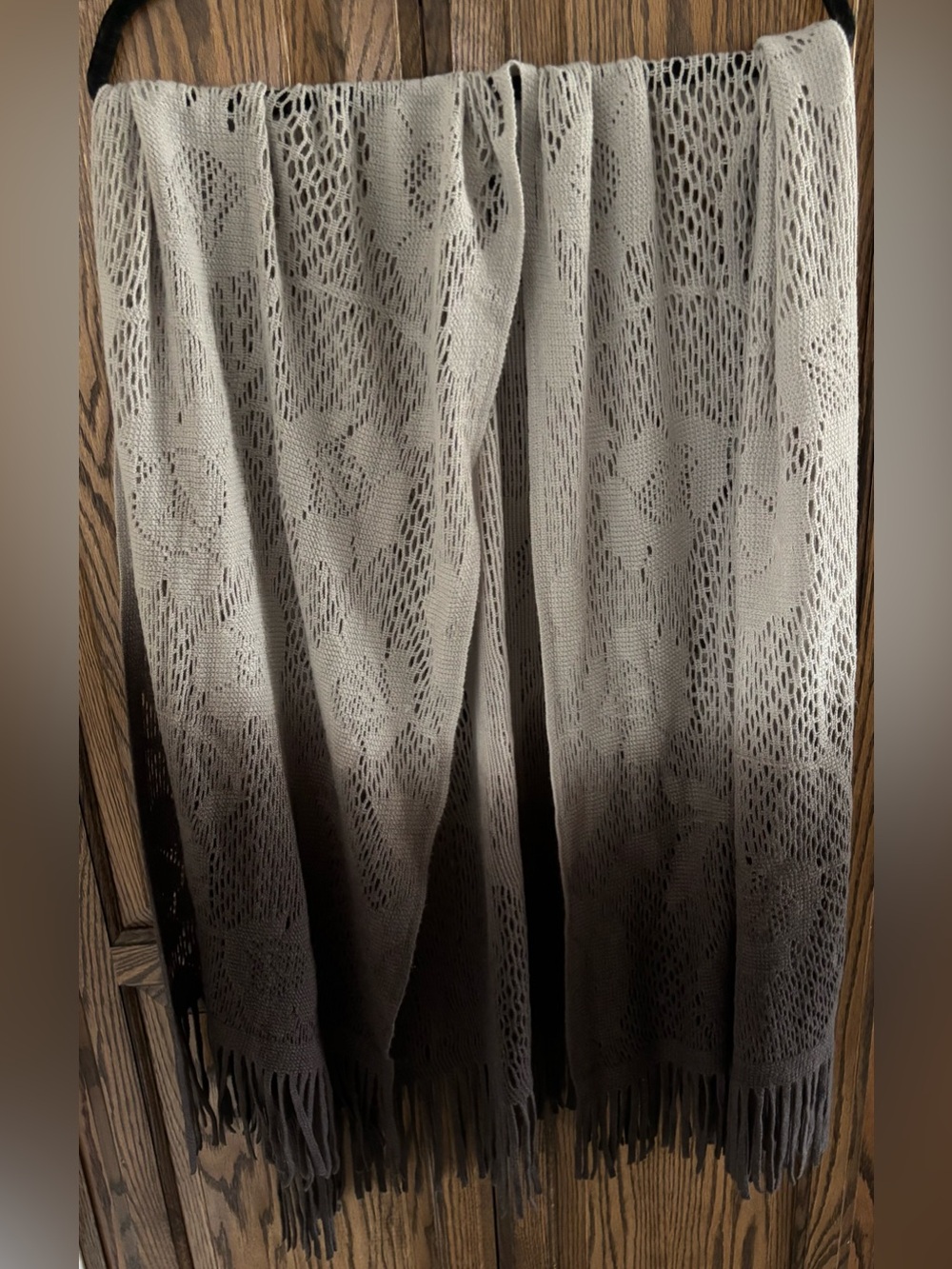 NWT Ladies Open-Knit Fringe Sweater Shawl - Gray Ombre.